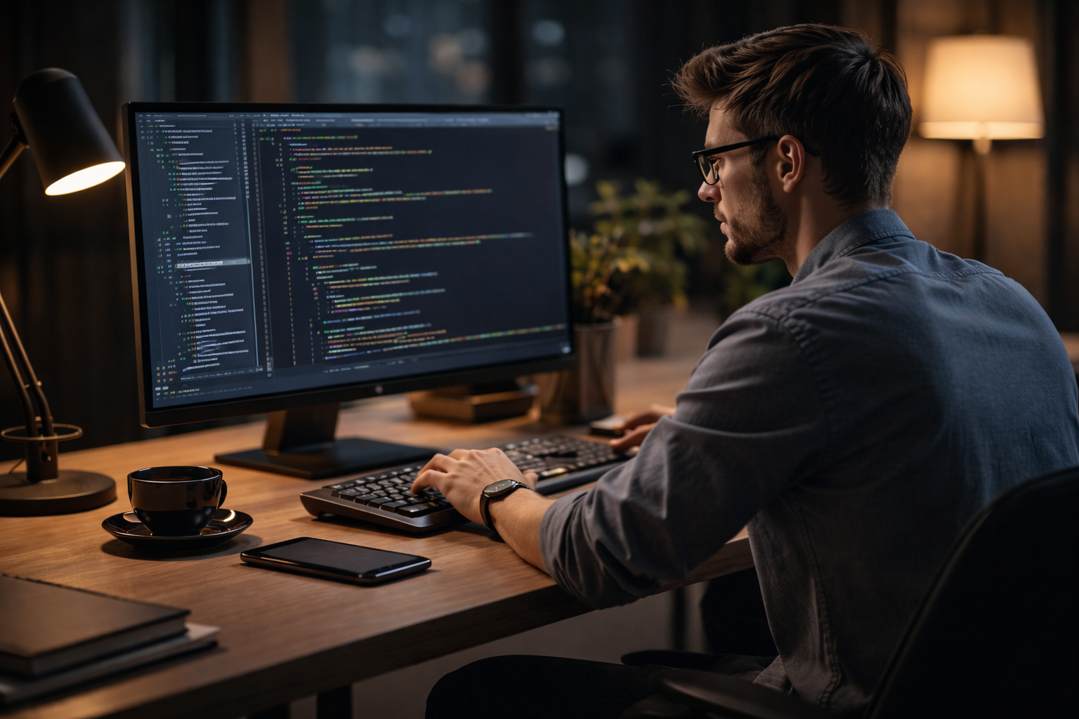 Man sitting at a desk and coding on a computer