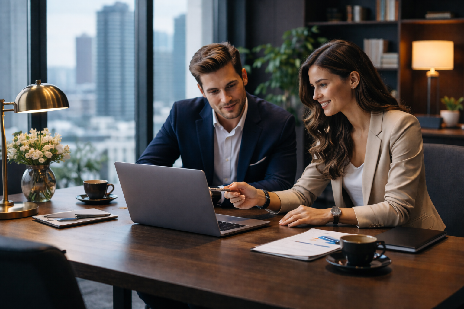 Woman and man sitting at a computer and discussing business