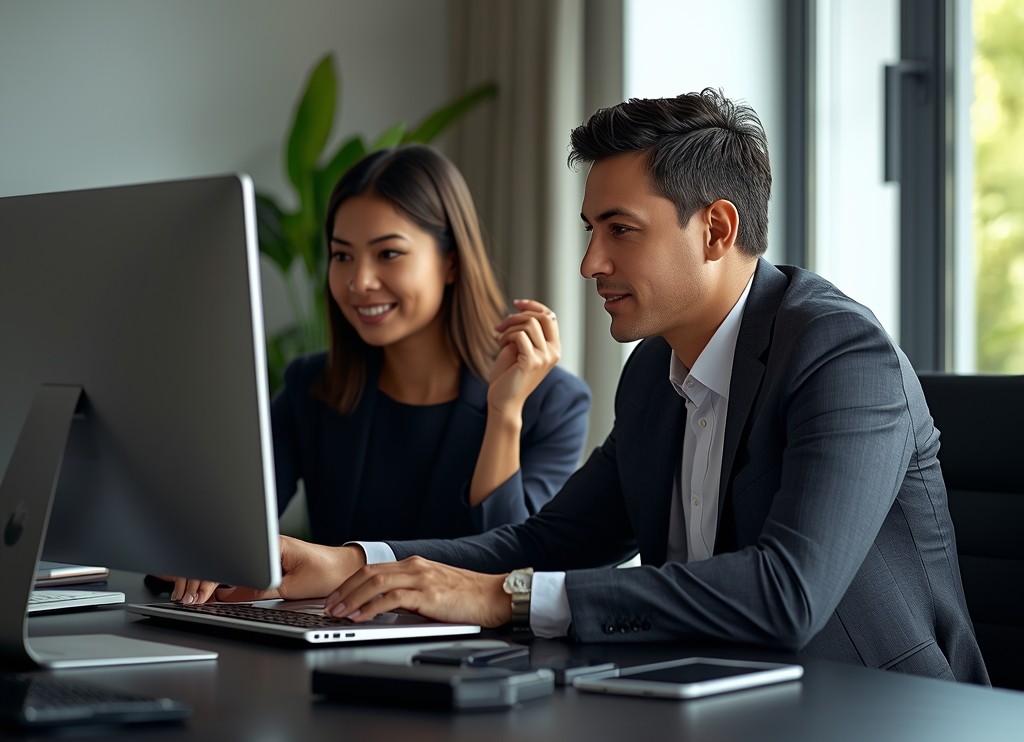 Woman and man working together on a computer